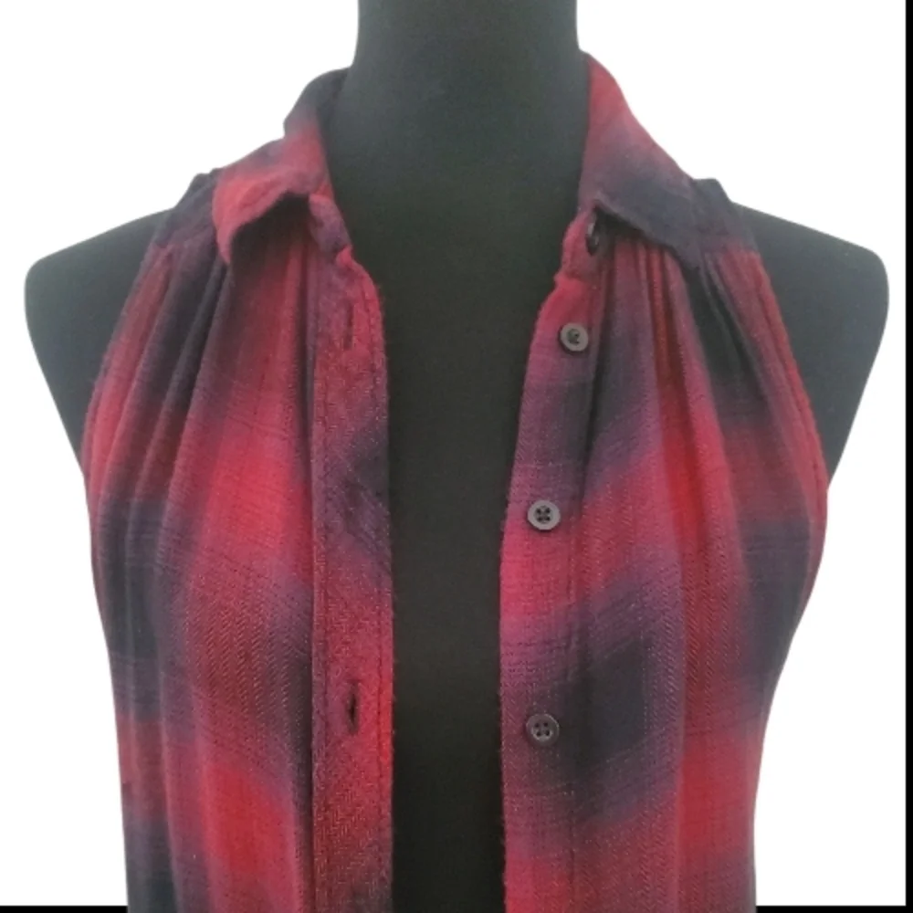 BDG Burgundy and Black Plaid Extra Long Sleeveless Button Up Shirt Dress XS 90s